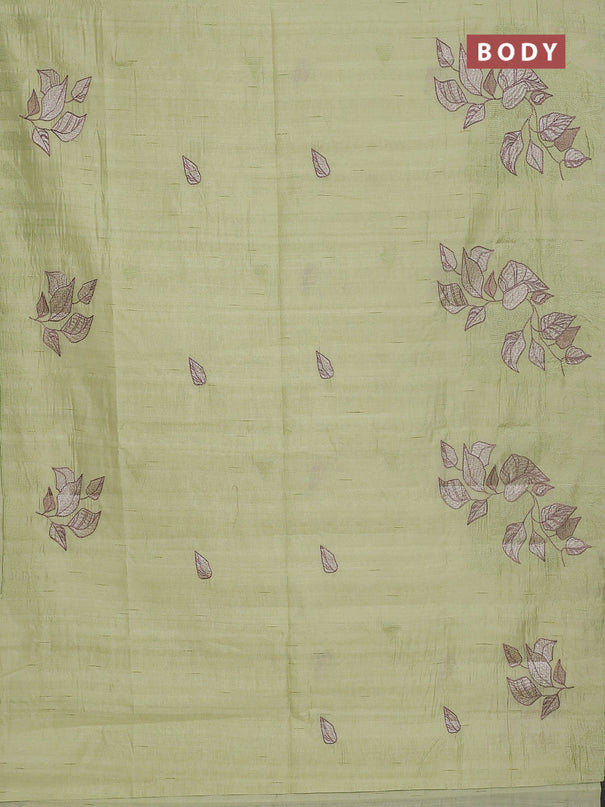 Semi raw silk saree pista green with embroidery buttas and long embroidery border