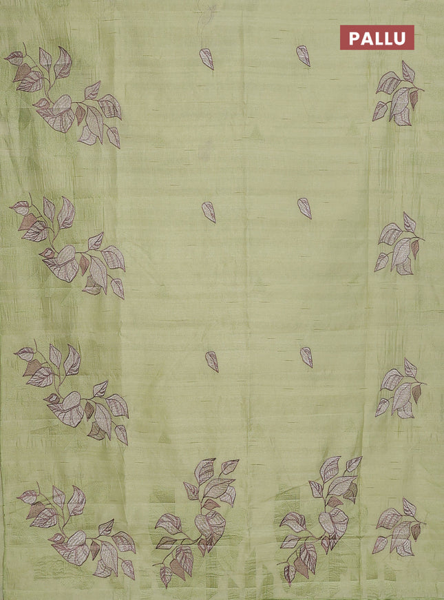 Semi raw silk saree pista green with embroidery buttas and long embroidery border