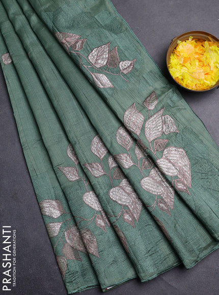 Semi raw silk saree green shade with embroidery buttas and long embroidery border