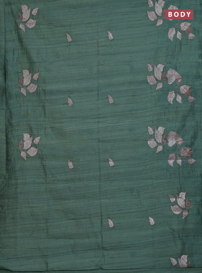 Semi raw silk saree green shade with embroidery buttas and long embroidery border