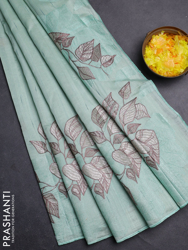 Semi raw silk saree pastel green with embroidery buttas and long embroidery border