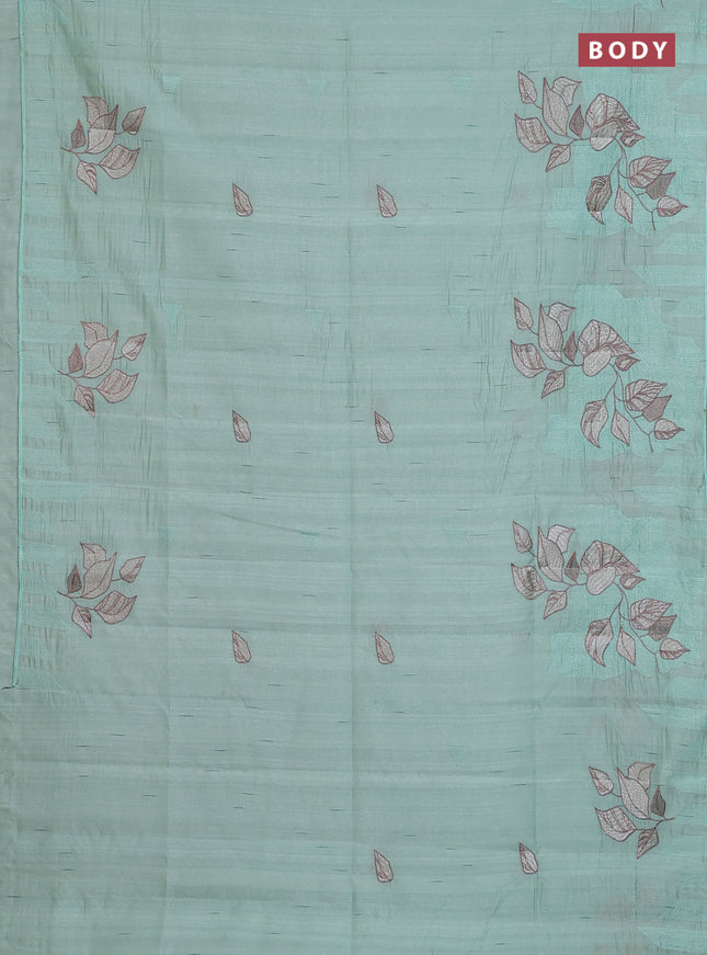 Semi raw silk saree pastel green with embroidery buttas and long embroidery border