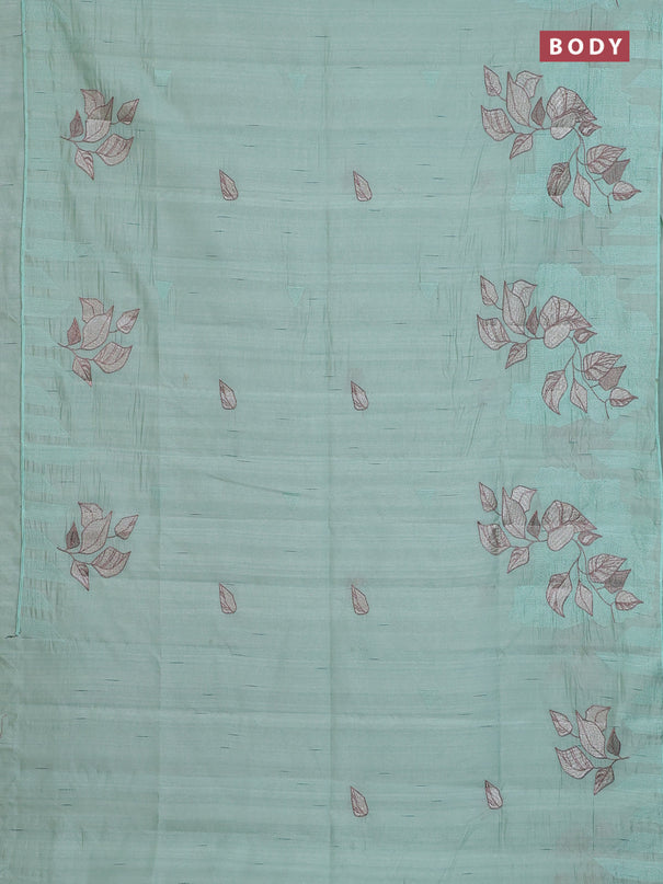 Semi raw silk saree pastel green with embroidery buttas and long embroidery border