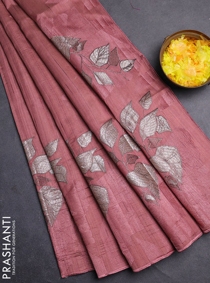 Semi raw silk saree rosy brown with embroidery buttas and long embroidery border