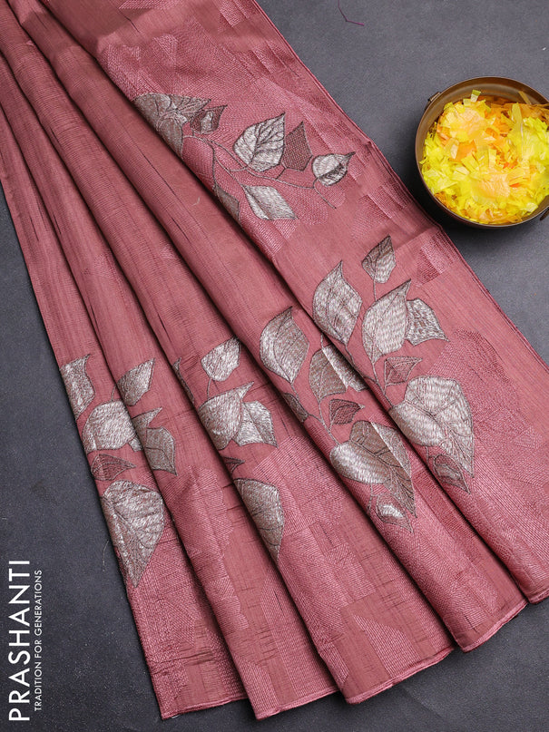 Semi raw silk saree rosy brown with embroidery buttas and long embroidery border