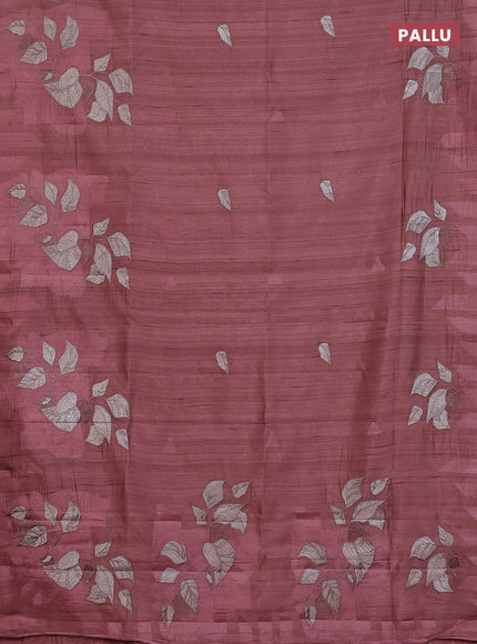 Semi raw silk saree rosy brown with embroidery buttas and long embroidery border
