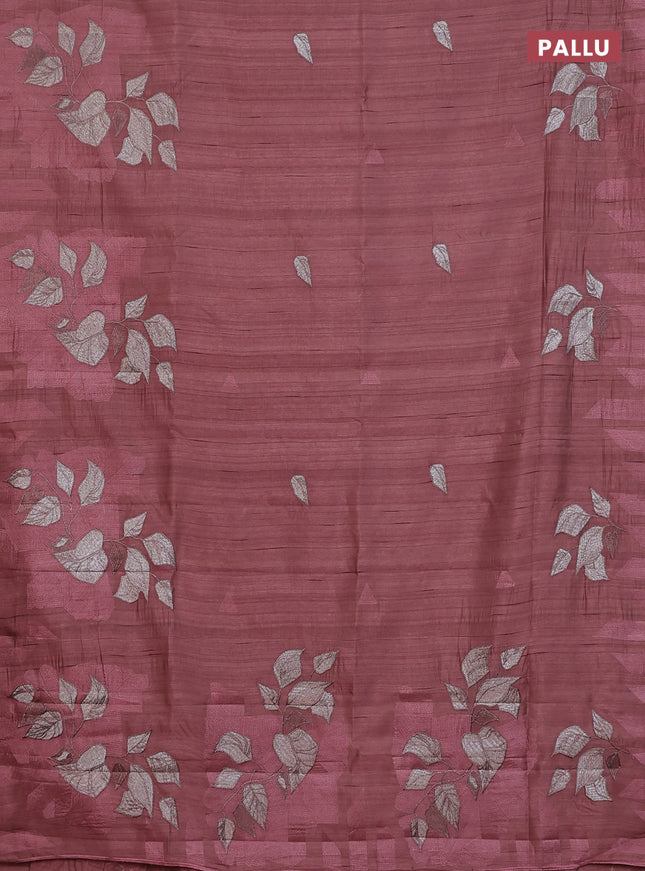 Semi raw silk saree rosy brown with embroidery buttas and long embroidery border