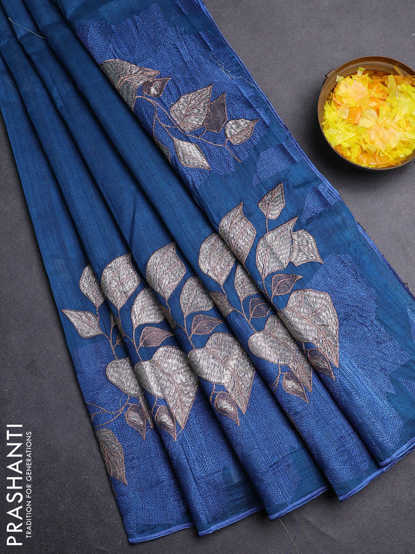 Semi raw silk saree peacock blue with embroidery buttas and long embroidery border