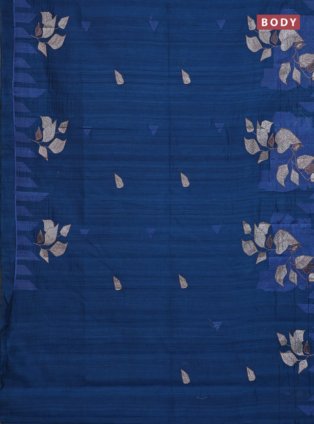 Semi raw silk saree peacock blue with embroidery buttas and long embroidery border