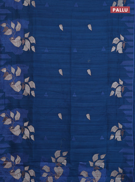 Semi raw silk saree peacock blue with embroidery buttas and long embroidery border