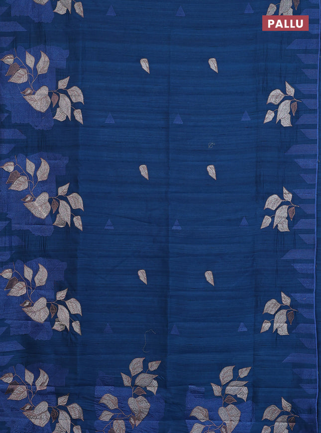 Semi raw silk saree peacock blue with embroidery buttas and long embroidery border