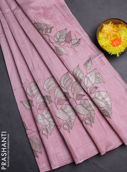 Semi raw silk saree pastel pink with embroidery buttas and long embroidery border