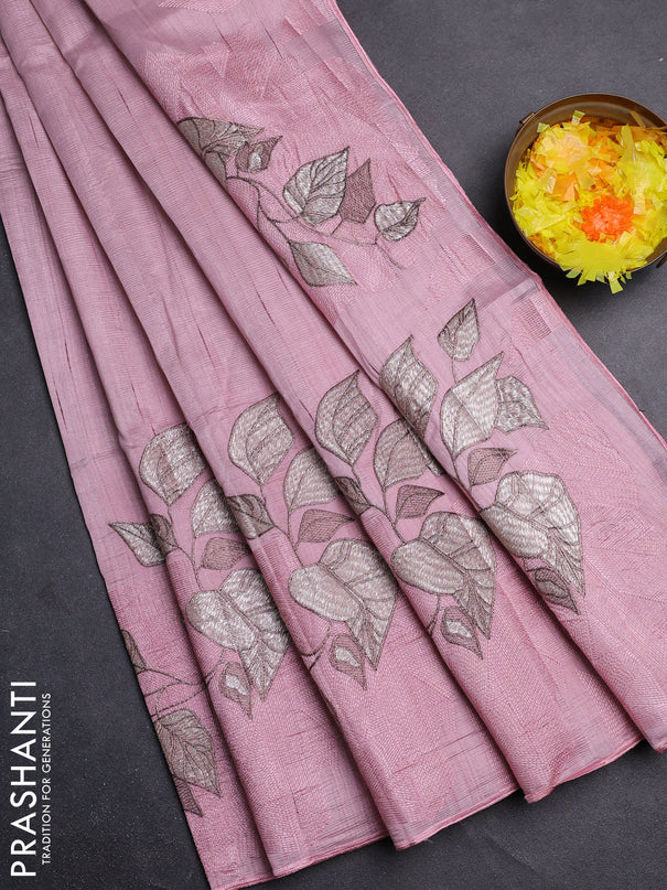 Semi raw silk saree pastel pink with embroidery buttas and long embroidery border