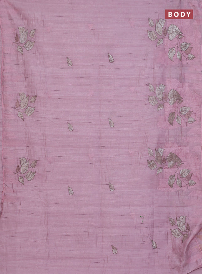 Semi raw silk saree pastel pink with embroidery buttas and long embroidery border