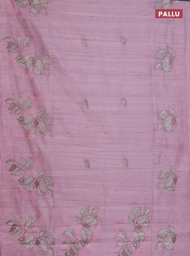 Semi raw silk saree pastel pink with embroidery buttas and long embroidery border
