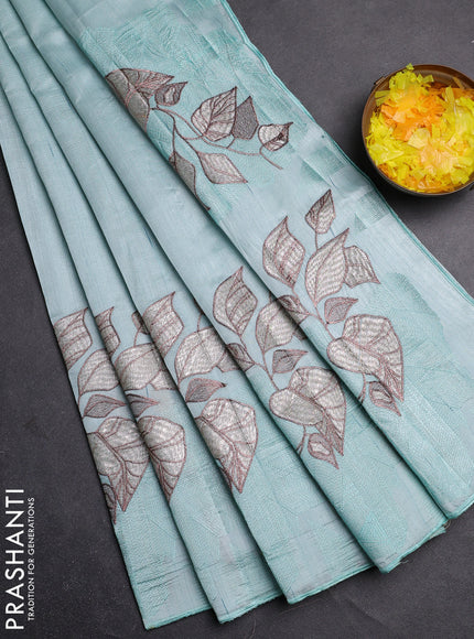 Semi raw silk saree pastel blue with embroidery buttas and long embroidery border