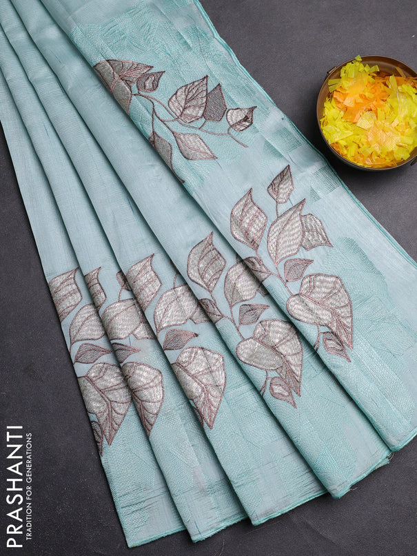 Semi raw silk saree pastel blue with embroidery buttas and long embroidery border