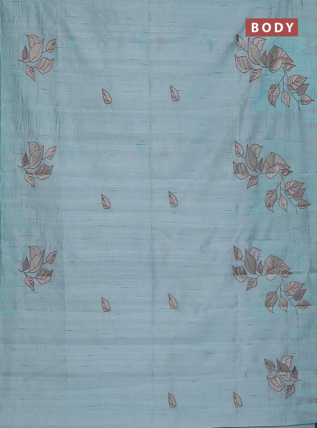 Semi raw silk saree pastel blue with embroidery buttas and long embroidery border