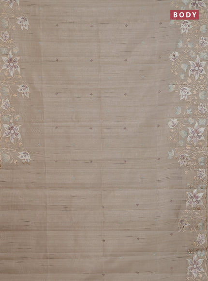 Semi raw silk saree beige with embroidery buttas and floral embroidery border