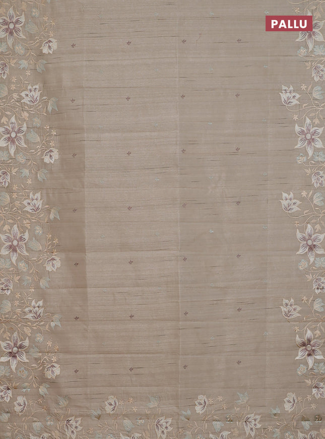 Semi raw silk saree beige with embroidery buttas and floral embroidery border