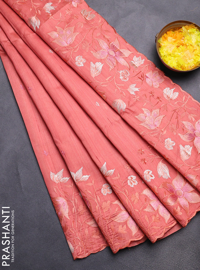 Semi raw silk saree peach orange with embroidery buttas and floral embroidery border