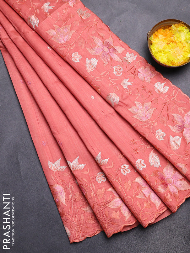 Semi raw silk saree peach orange with embroidery buttas and floral embroidery border