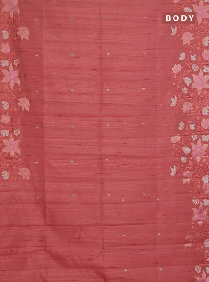 Semi raw silk saree peach orange with embroidery buttas and floral embroidery border