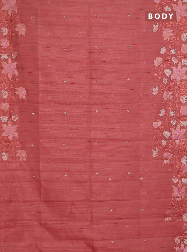 Semi raw silk saree peach orange with embroidery buttas and floral embroidery border