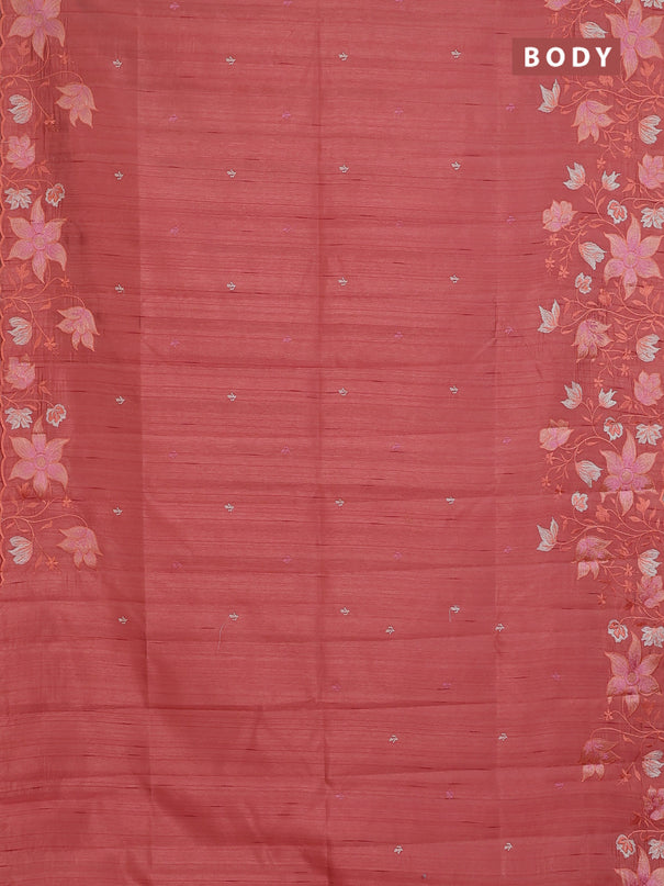 Semi raw silk saree peach orange with embroidery buttas and floral embroidery border
