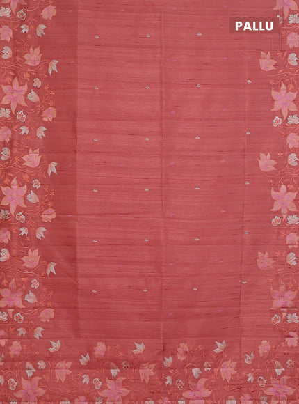 Semi raw silk saree peach orange with embroidery buttas and floral embroidery border
