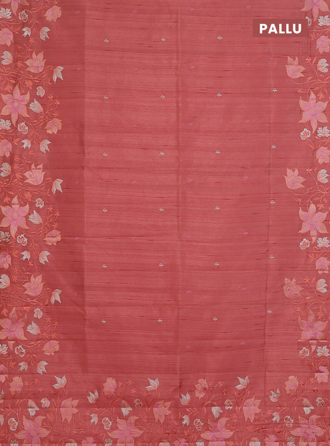 Semi raw silk saree peach orange with embroidery buttas and floral embroidery border
