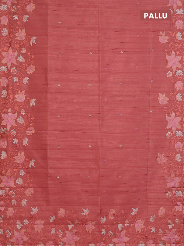 Semi raw silk saree peach orange with embroidery buttas and floral embroidery border