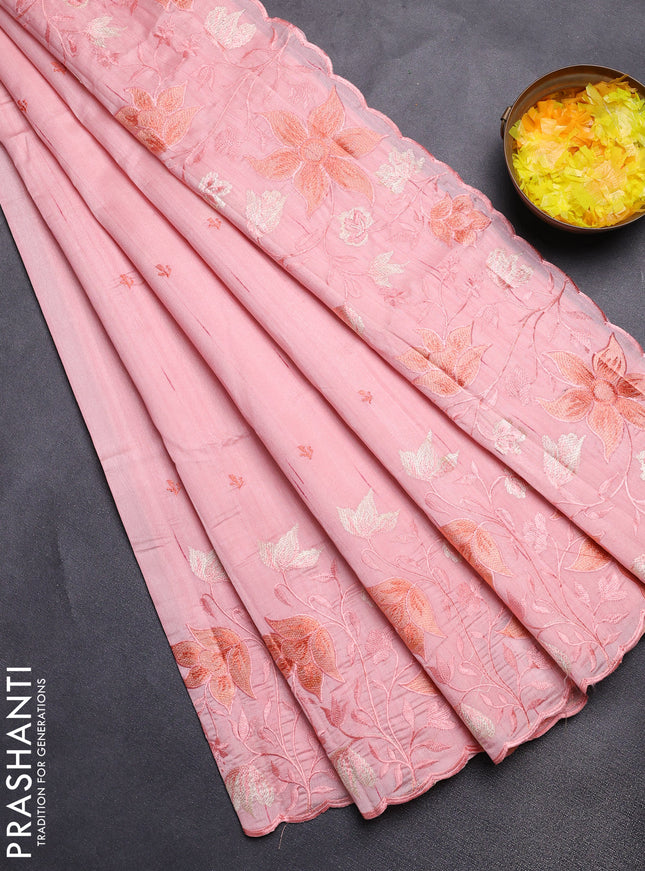 Semi raw silk saree peach orange with embroidery buttas and floral embroidery border