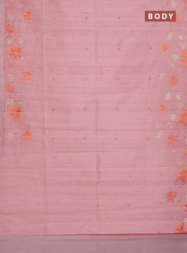 Semi raw silk saree peach orange with embroidery buttas and floral embroidery border