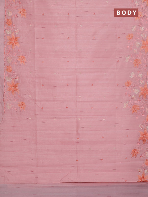 Semi raw silk saree peach orange with embroidery buttas and floral embroidery border