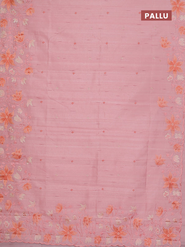 Semi raw silk saree peach orange with embroidery buttas and floral embroidery border