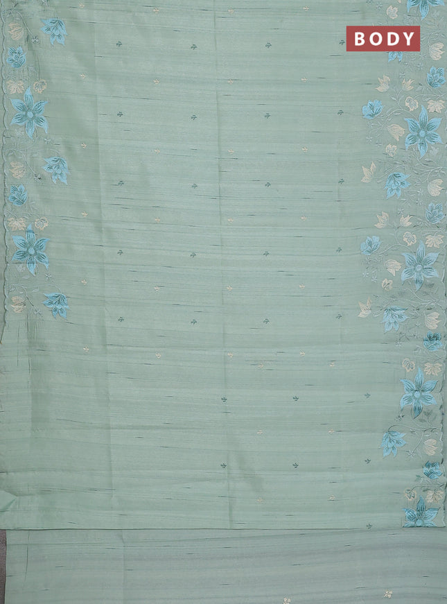 Semi raw silk saree pastel green with embroidery buttas and floral embroidery border