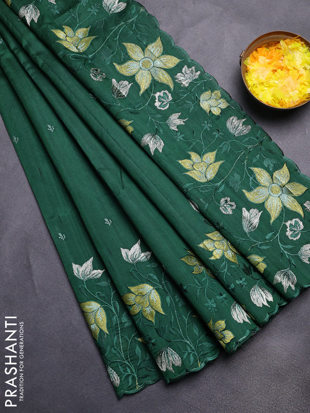 Semi raw silk saree dark green with embroidery buttas and floral embroidery border