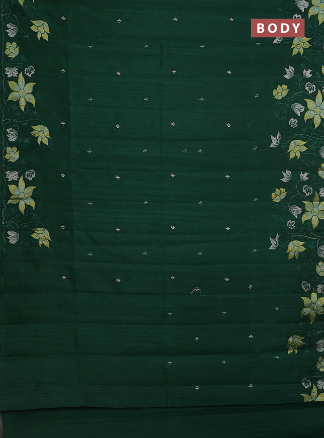 Semi raw silk saree dark green with embroidery buttas and floral embroidery border