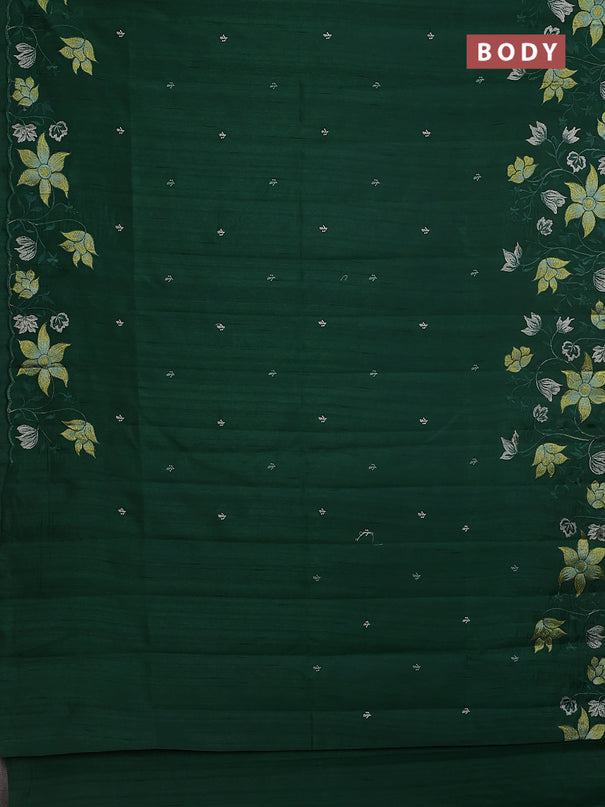 Semi raw silk saree dark green with embroidery buttas and floral embroidery border