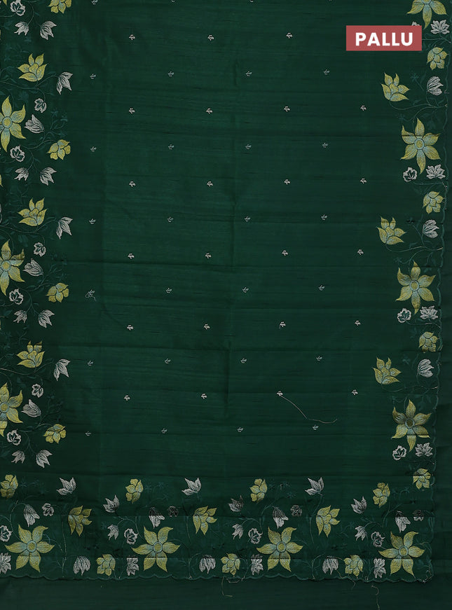 Semi raw silk saree dark green with embroidery buttas and floral embroidery border