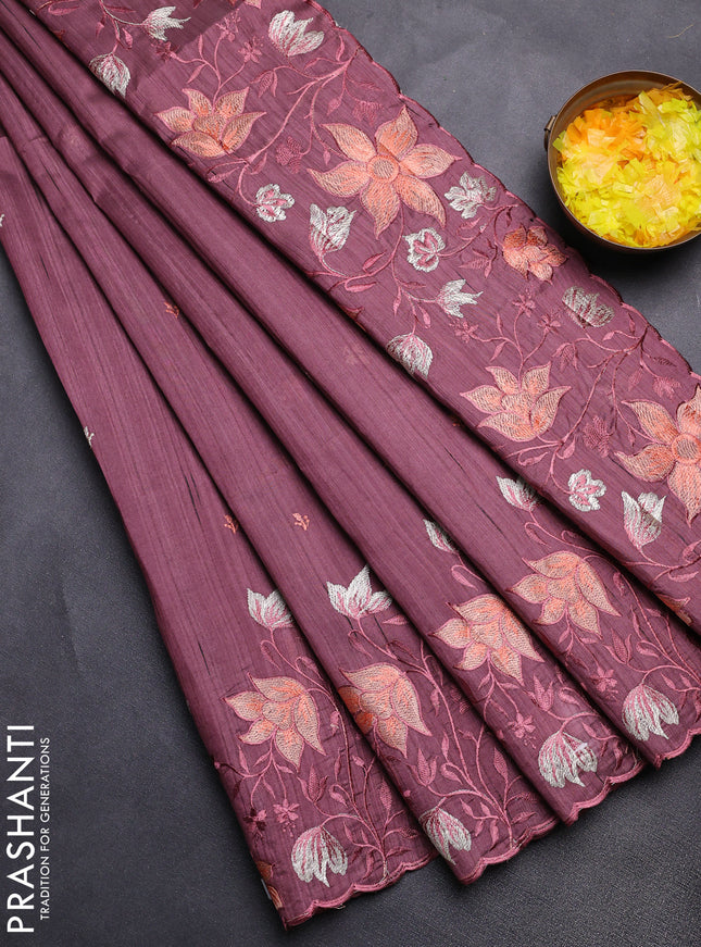 Semi raw silk saree rosy brown with embroidery buttas and floral embroidery border