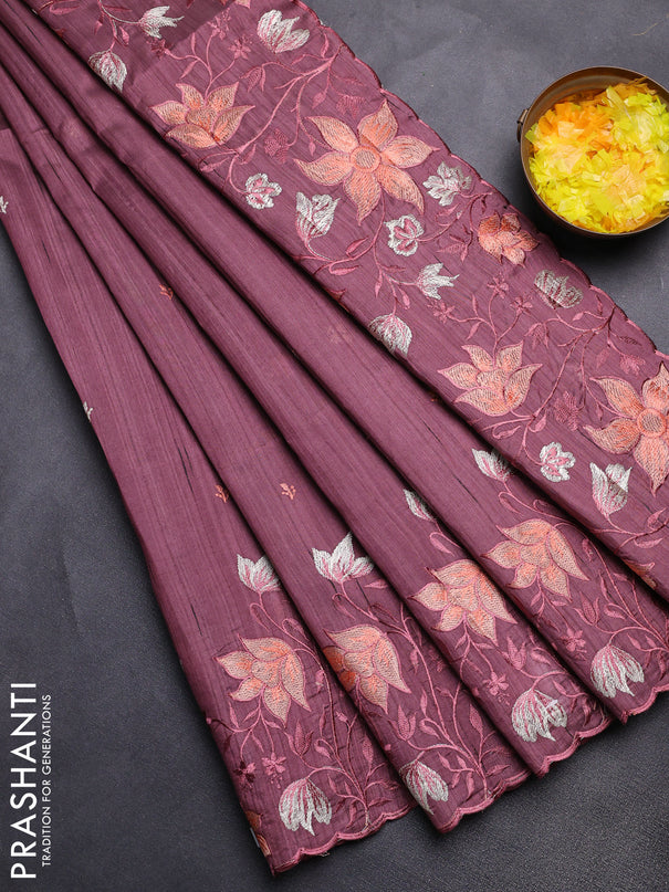 Semi raw silk saree rosy brown with embroidery buttas and floral embroidery border