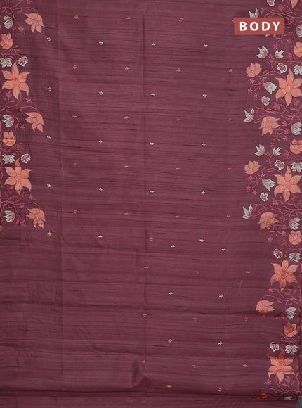 Semi raw silk saree rosy brown with embroidery buttas and floral embroidery border