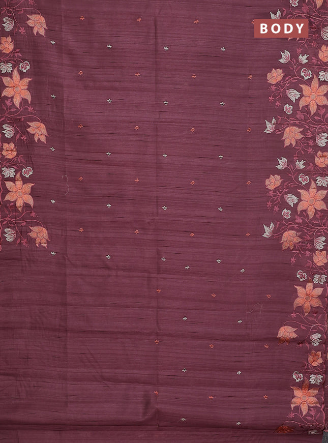 Semi raw silk saree rosy brown with embroidery buttas and floral embroidery border