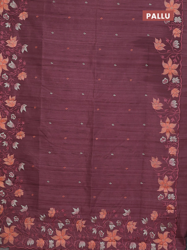 Semi raw silk saree rosy brown with embroidery buttas and floral embroidery border