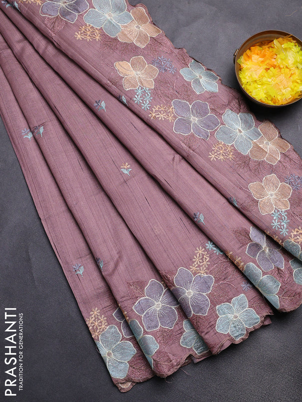 Semi raw silk saree rosy brown with embroidery buttas and floral embroidery border