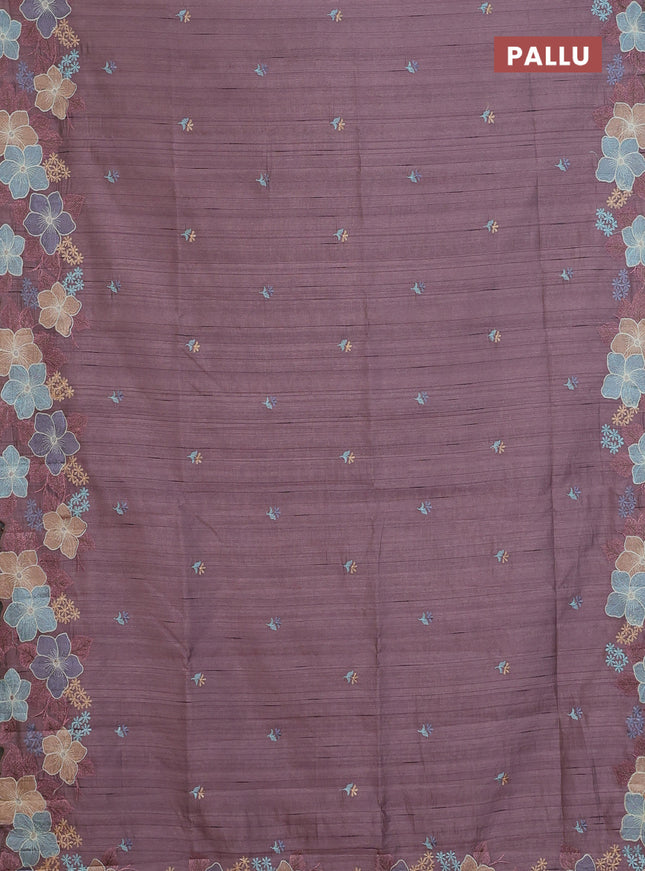 Semi raw silk saree rosy brown with embroidery buttas and floral embroidery border