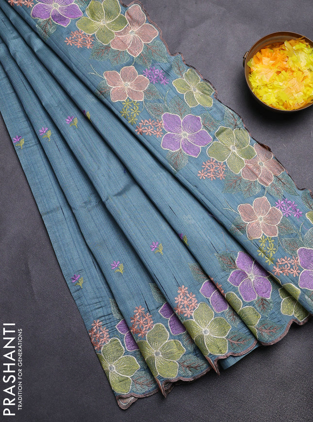 Semi raw silk saree pastel blue with embroidery buttas and floral embroidery border
