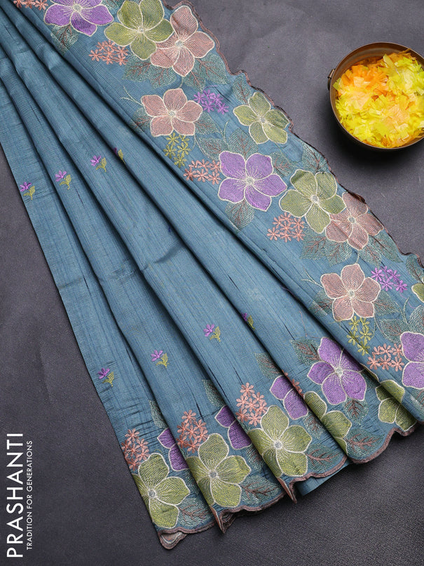 Semi raw silk saree pastel blue with embroidery buttas and floral embroidery border